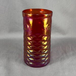 John Cook Red Carnival Iridescent Koi Fish Art Glass Hand Blown Tumbler Vase Y2K